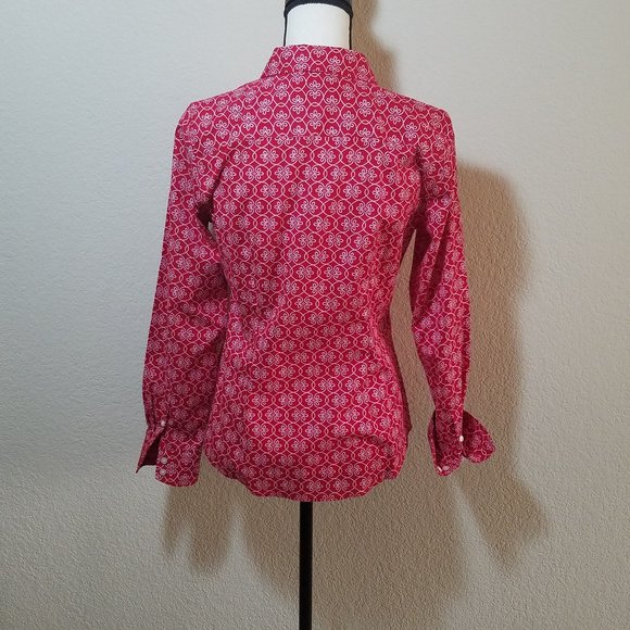 Talbots Button Down Shirt Red White Floral Long SLeeve Top Wrinkle Resistant 4 - Picture 4 of 5
